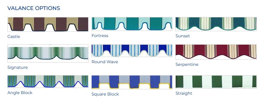 Awning valance cut options — Castle, Fortress, Sunset, Signature, Round Wave, Serpentine, Angle Block, Square Block, Straight