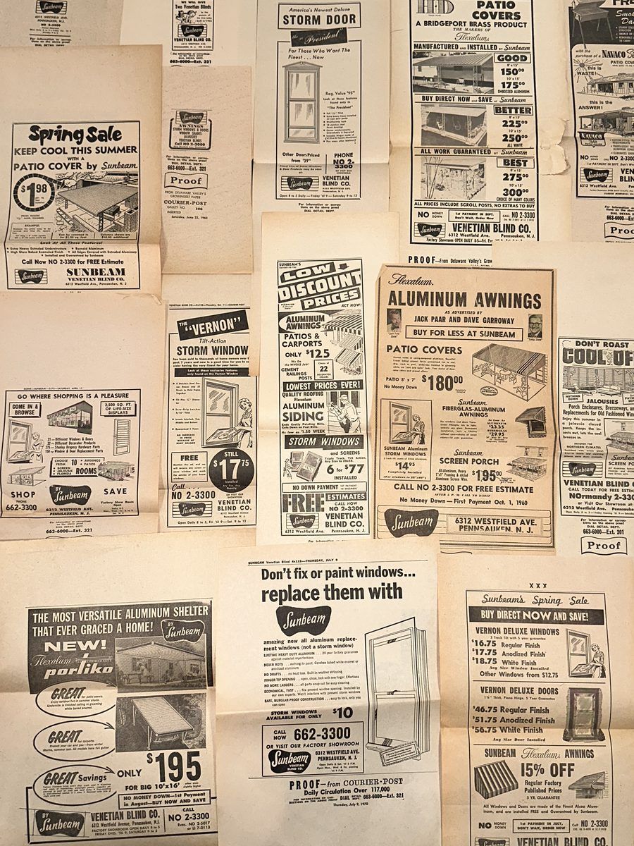 Sunbeam Venetian Blind Co. newspaper ad collection 1960s
