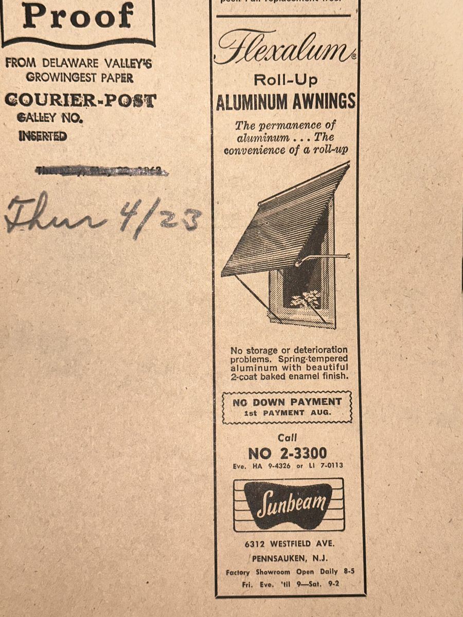 Flexalum aluminum awnings ad Courier-Post