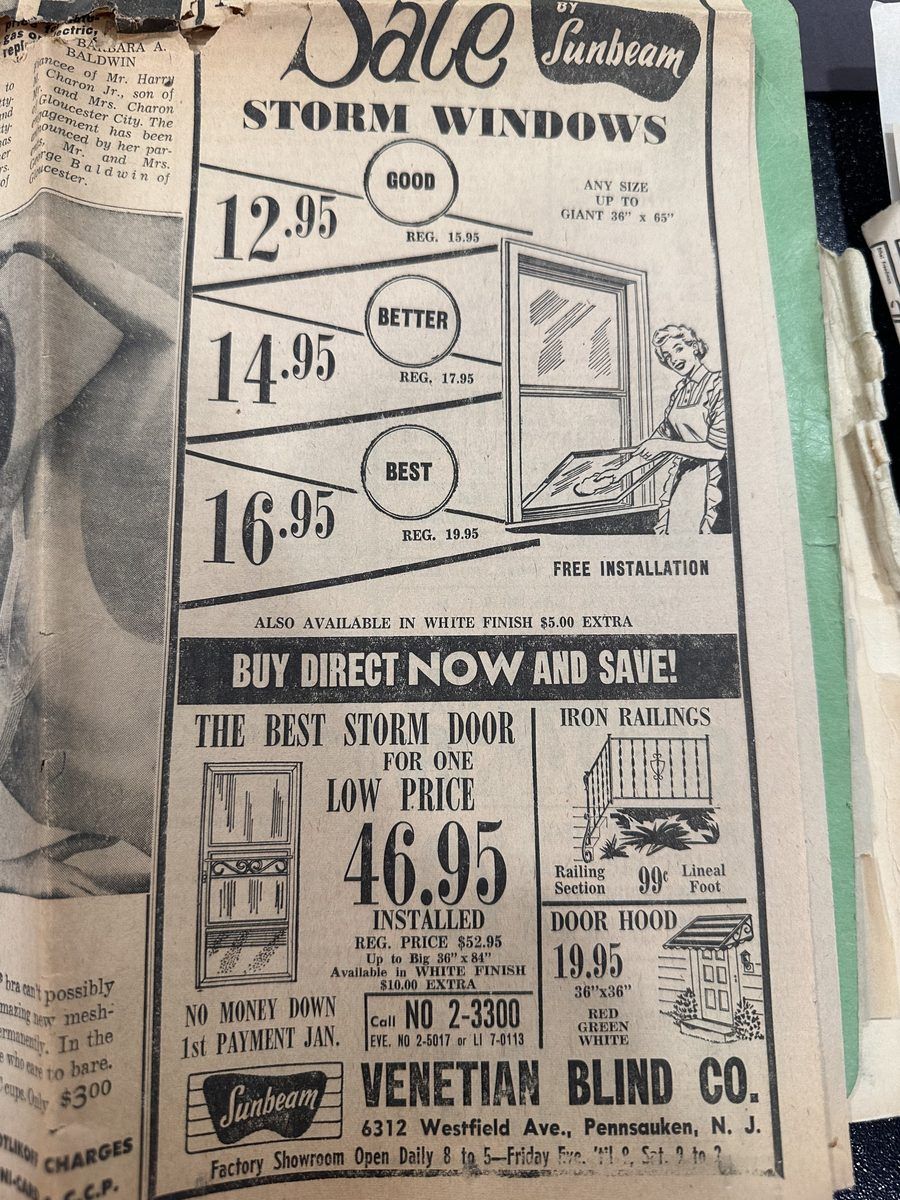 Sunbeam Venetian Blind Co. storm windows and doors newspaper ad 1960s