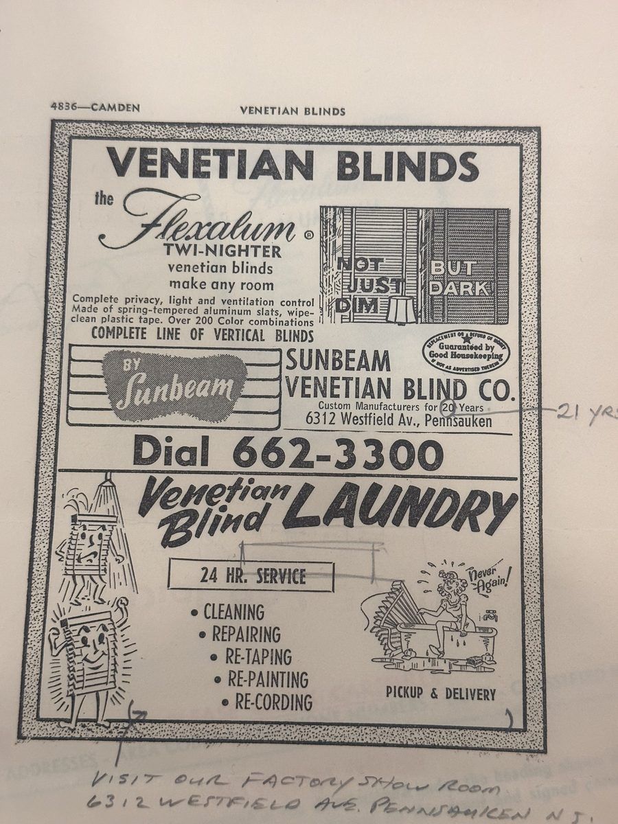 Sunbeam Venetian Blind Co. newspaper ad