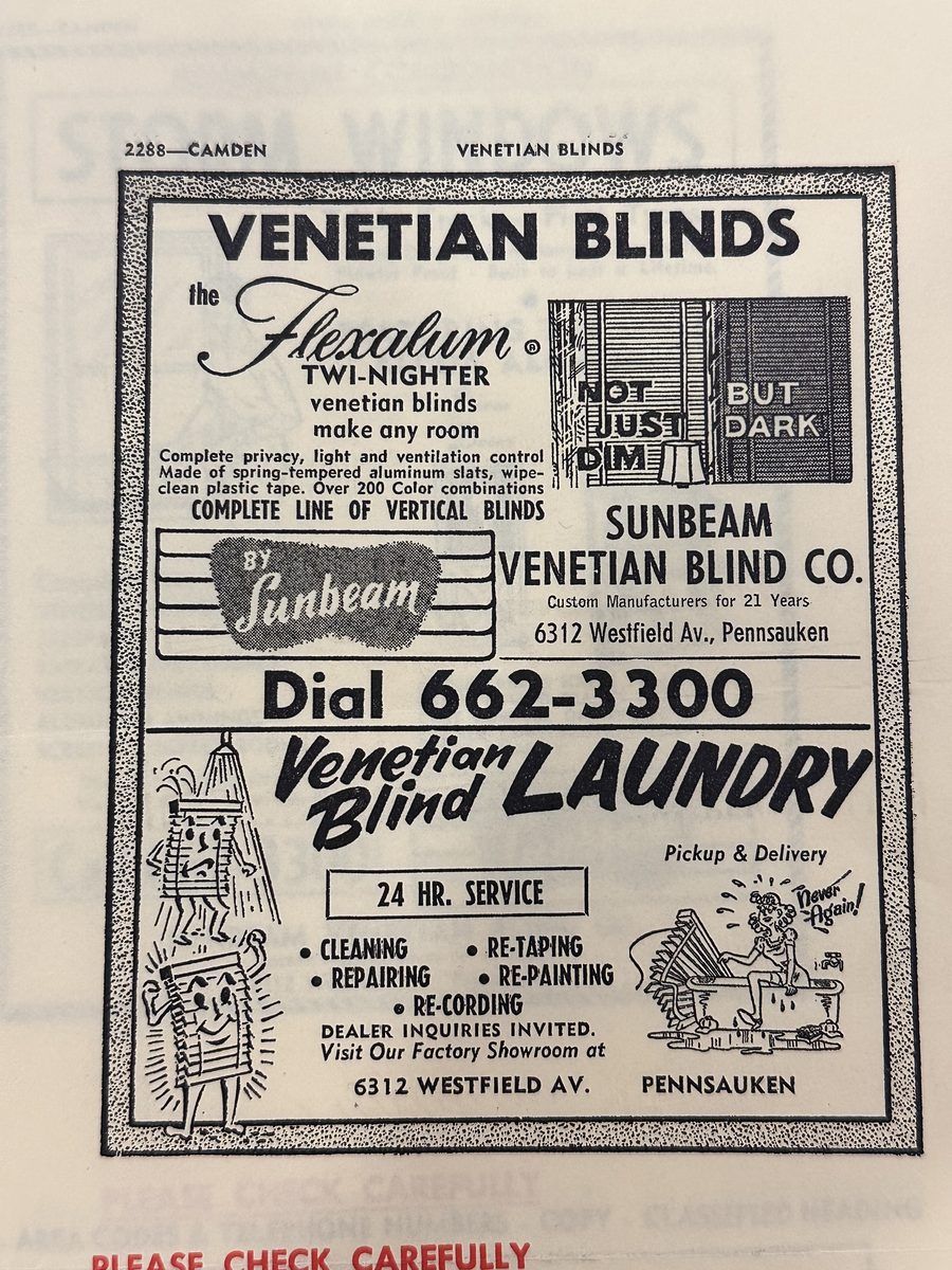 Sunbeam venetian blinds Flexalum newspaper ad Pennsauken NJ